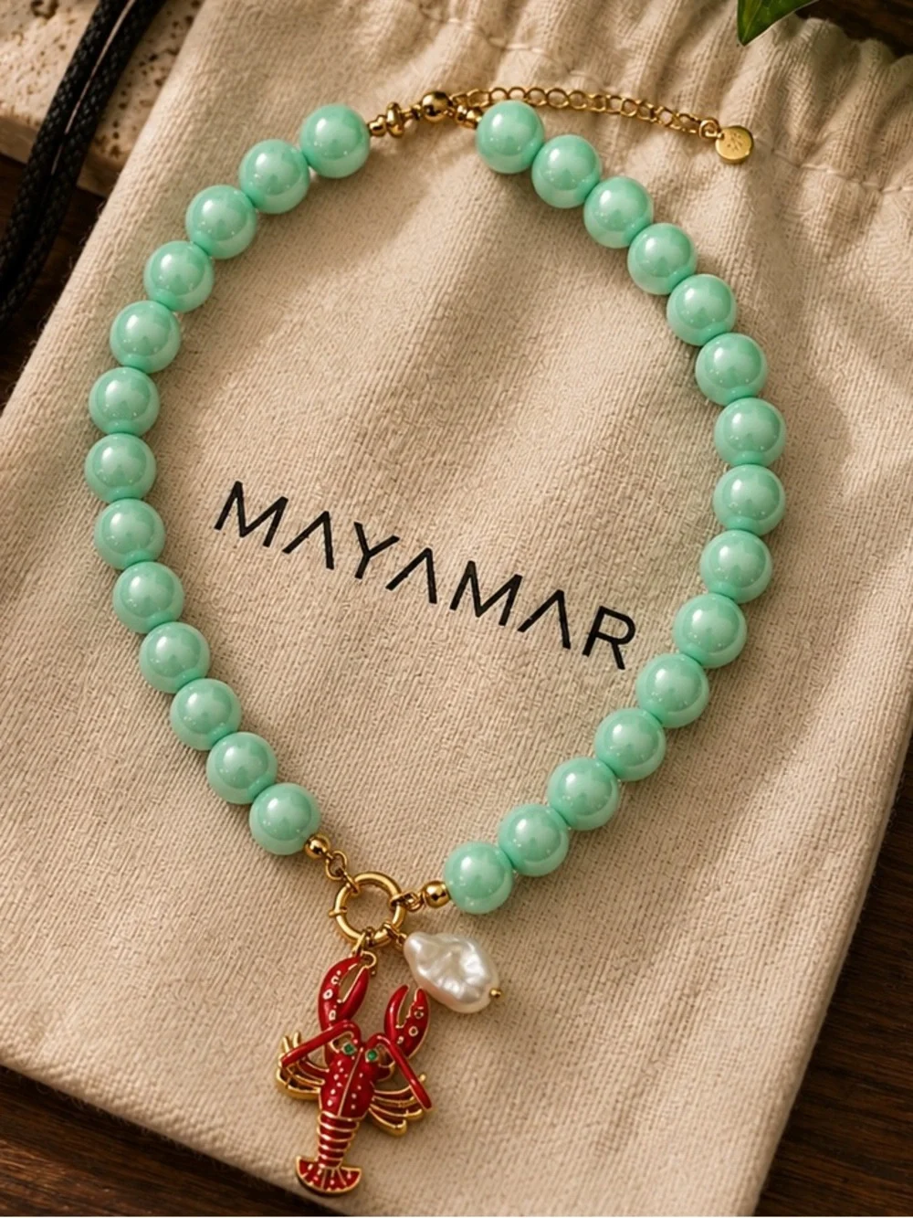 New Mayamar Mint Beaded Necklace with Red Lobster Charm